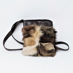 Recycled genuine fox fur & leather handbag, brown& beige